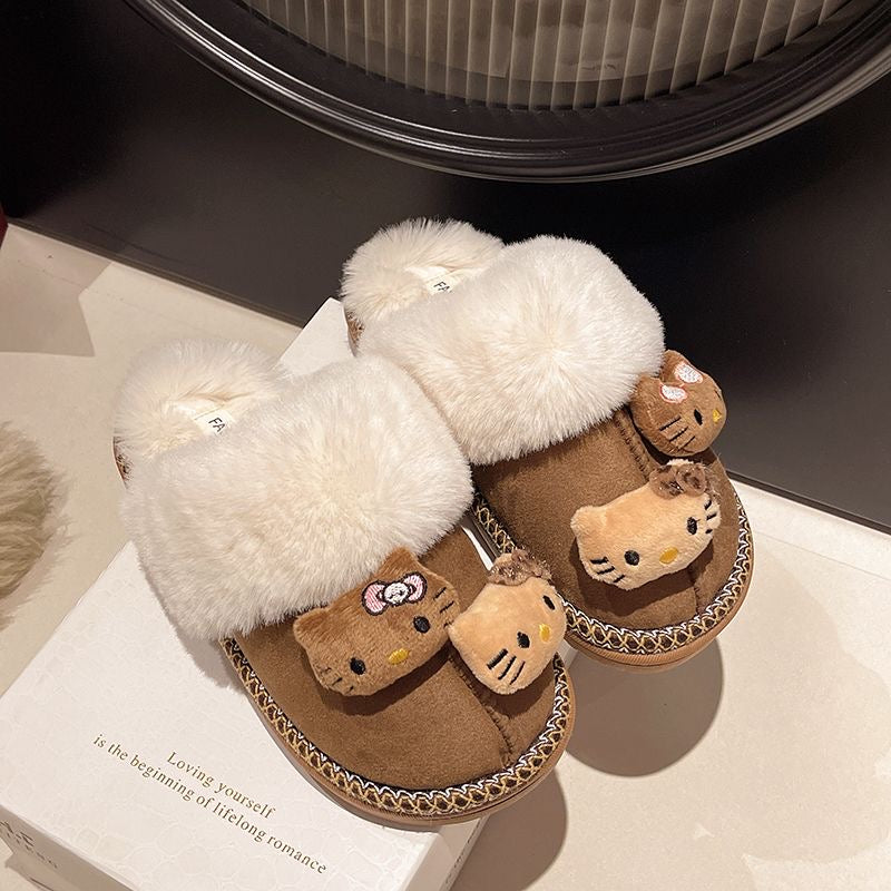 HELLOKITTY Christmas Fuzzy Brown Slippers Fluffy Winter House Shoes Super Fancy Gift