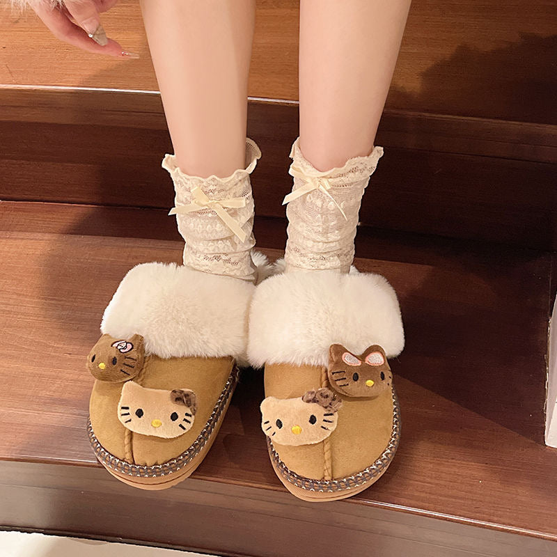 HELLOKITTY Christmas Fuzzy Brown Slippers Fluffy Winter House Shoes Super Fancy Gift