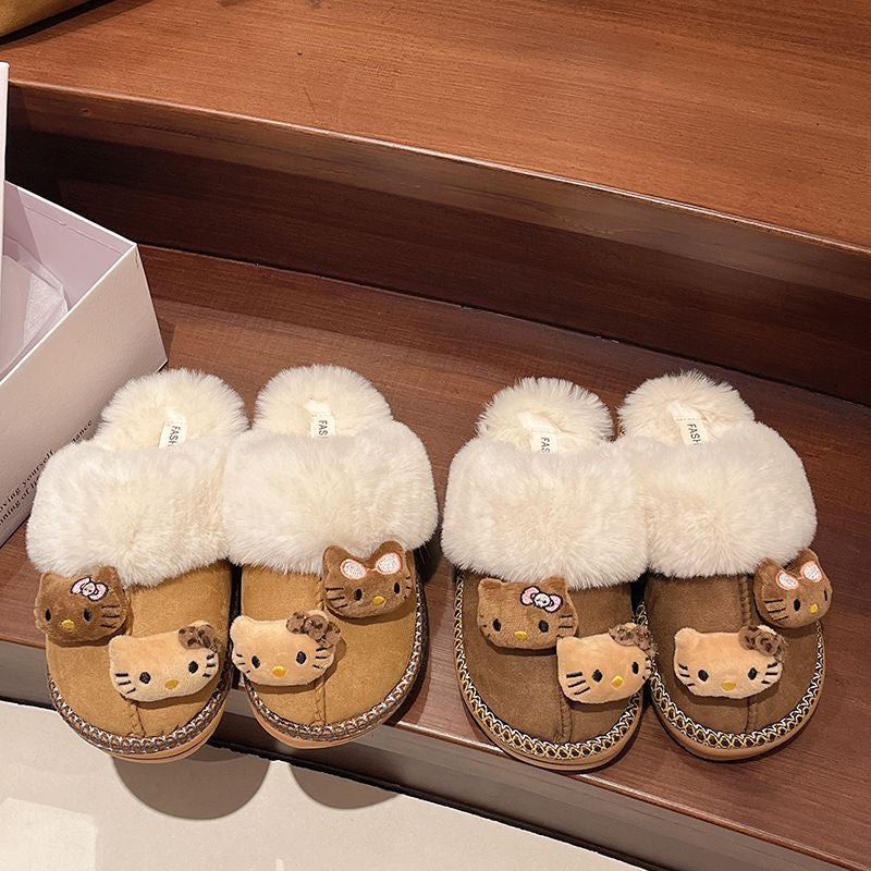 HELLOKITTY Christmas Fuzzy Brown Slippers Fluffy Winter House Shoes Super Fancy Gift