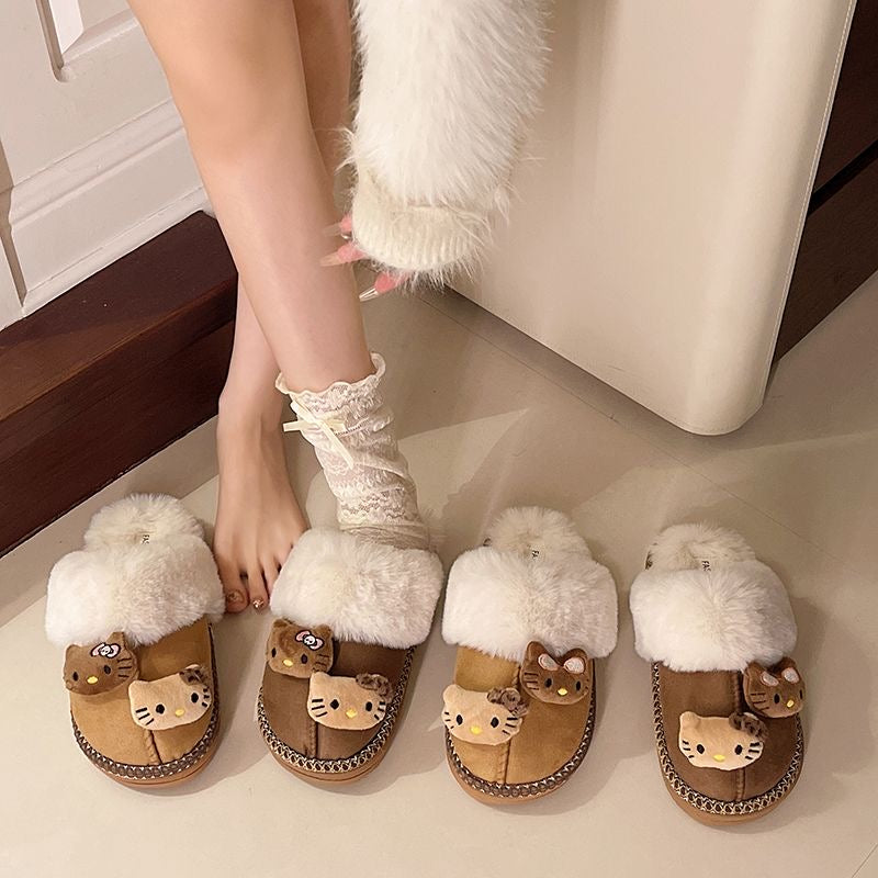 HELLOKITTY Christmas Fuzzy Brown Slippers Fluffy Winter House Shoes Super Fancy Gift